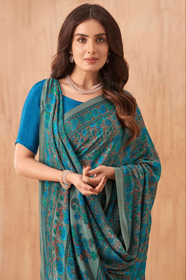 Blue Printed Crepe Saree