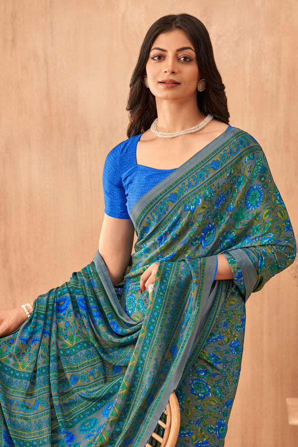 Blue Printed Crepe Saree