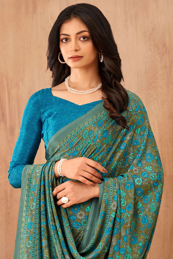 Blue Printed Crepe Saree