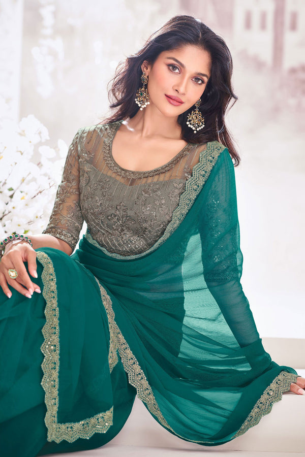 Blue Green Embroidered Chiffon Saree