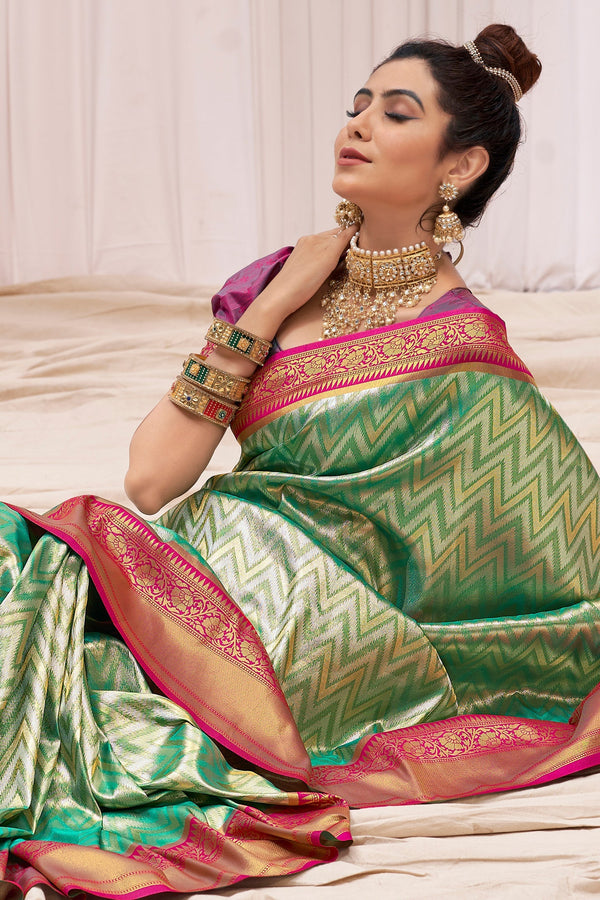 Blue Green Kanjivaram Silk Saree