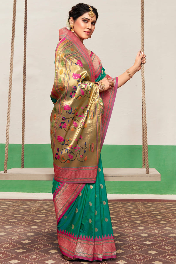 Blue Green Silk Paithani Saree