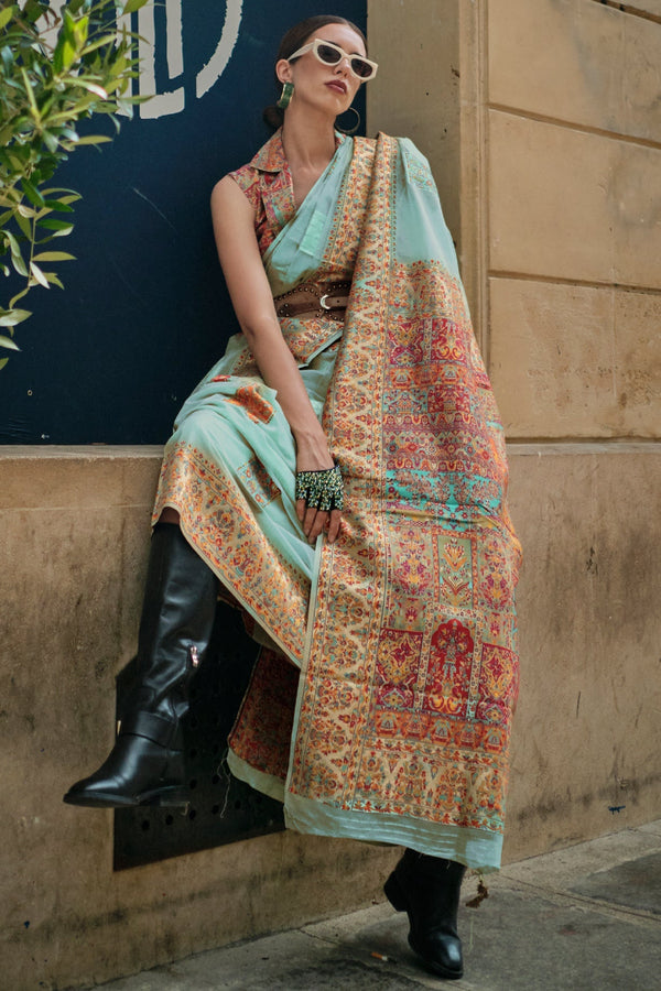 Blue Jamawar Kashmiri Saree