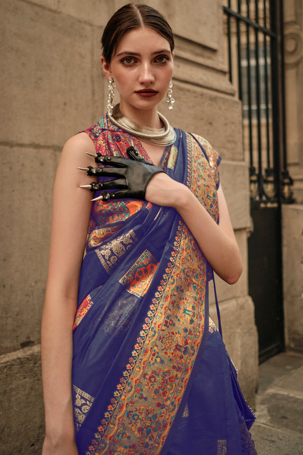 Blue Jamawar Kashmiri Saree