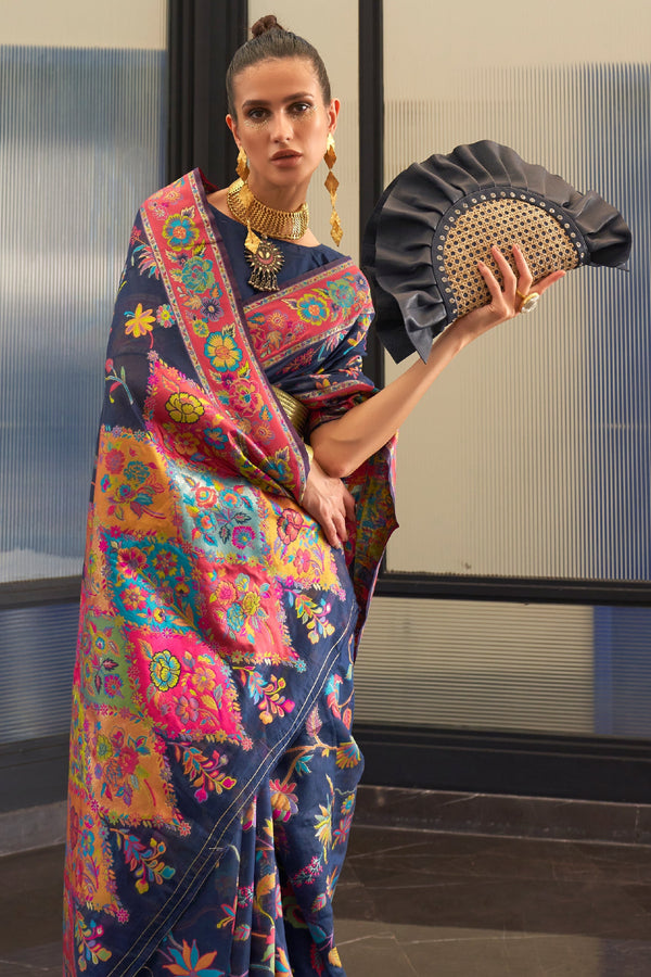 Blue Jamewar Kashmiri Silk Saree