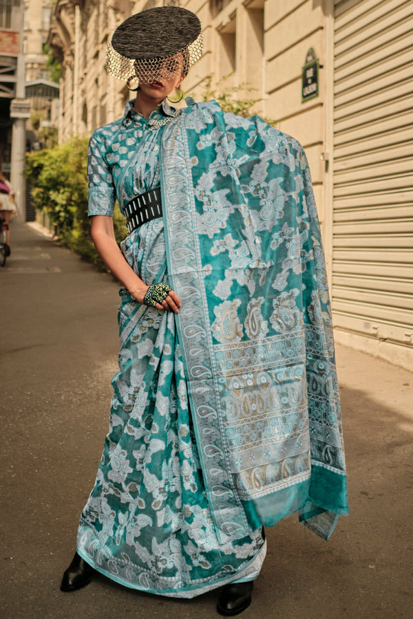 Blue Organza Lucknowi Saree