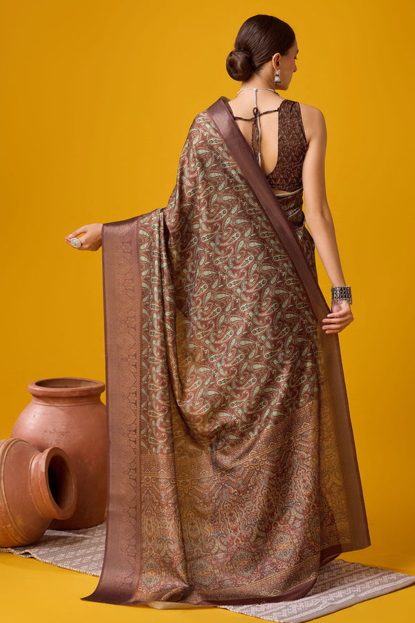 Brown Printed Cotton Silk Saree