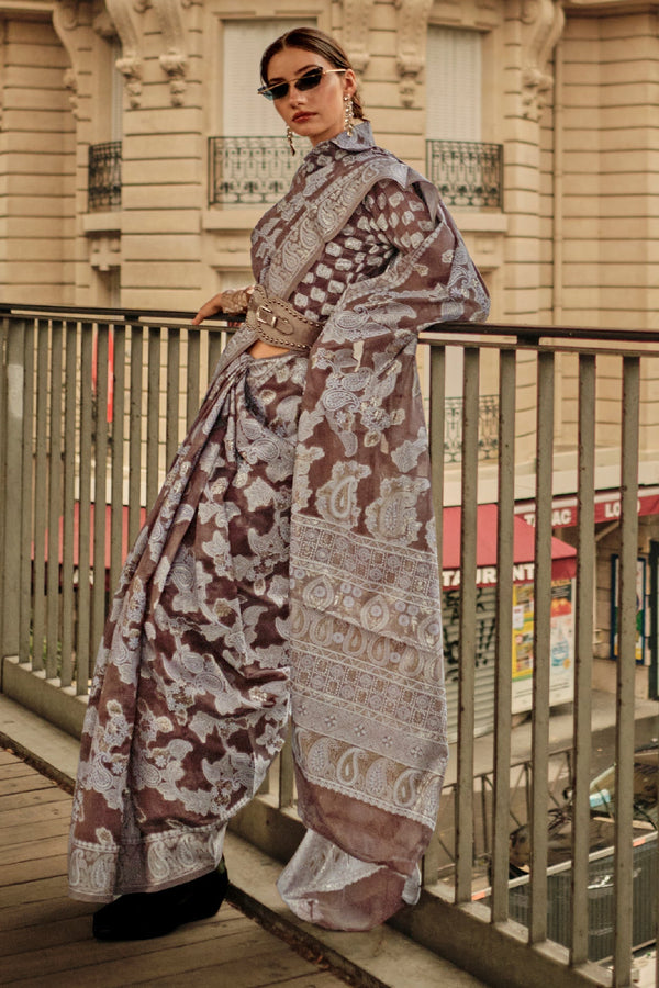 Brown Organza Lucknowi Saree