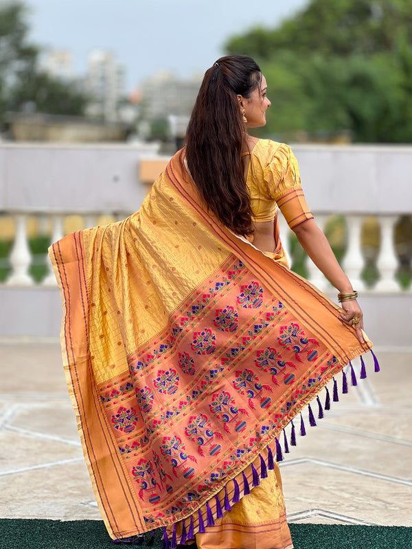 Yellow Paithani Silk Saree With Blouse Piece