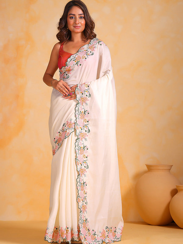 White tussar silk Saree With Blouse Piece