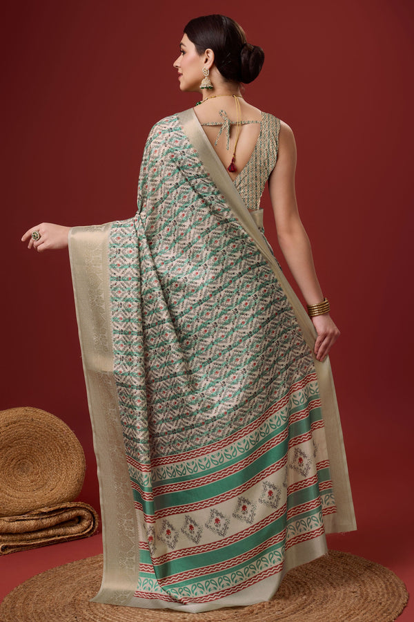 Cream Printed Cotton Silk Saree