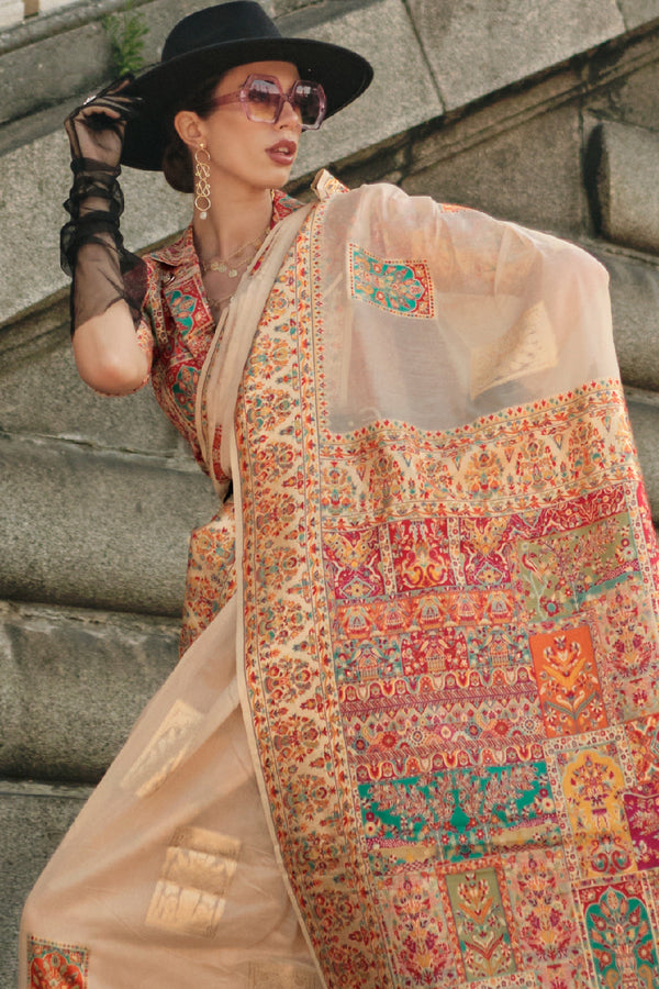 Cream Jamawar Kashmiri Saree