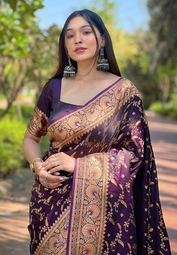 Wine Banarasi Katan Silk Saree