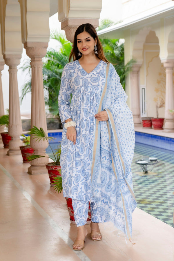 Ethnic Set Women Block Printed Kurta and Pant Set With Dupatta