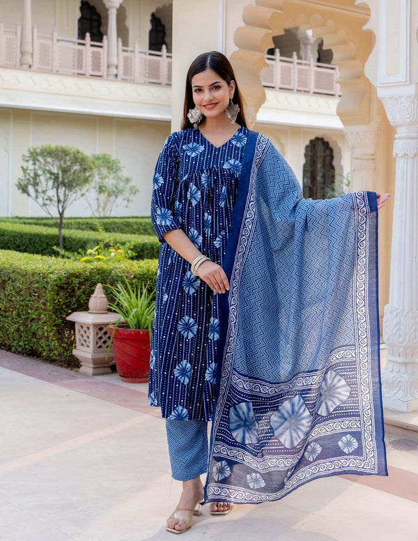 Ethnic Set Women Blue Indigo Kurta and Pant Set With Dupatta