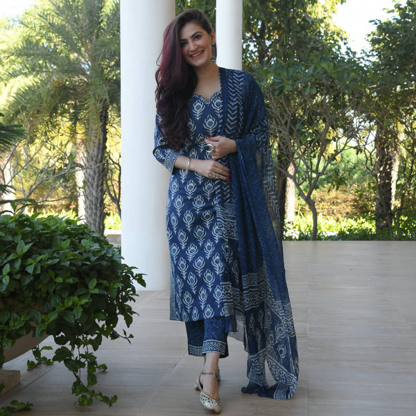 ETHNIC SET INDIGO PRINTED  COTTON SUIT SET