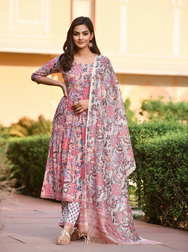 Ethnic Set Pink Kalamkari Printed Anarkali Kurta Set with Dupatta