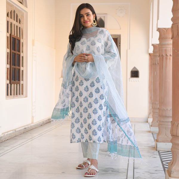 Ethnic Set Women Block Printed Kurta and Pant Set With Dupatta