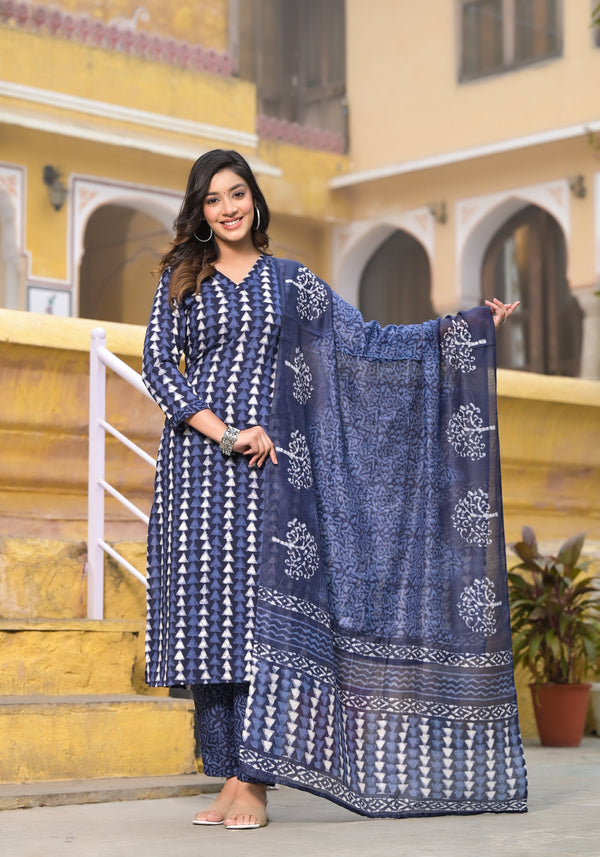 Ethnic Set Women Indigo Printed Kurta and Pant set with Dupatta