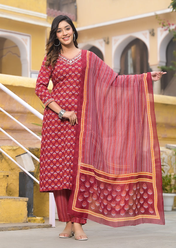 Ehnic Set Women Block Printed Straight Kurta and Pant set with Dupatta