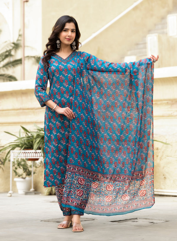 Ehnic Set Women Block Printed Straight Kurta and Pant set with Dupatta