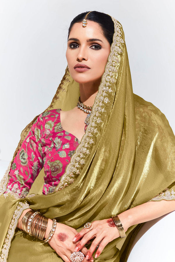 Golden Embroidered Organza Saree