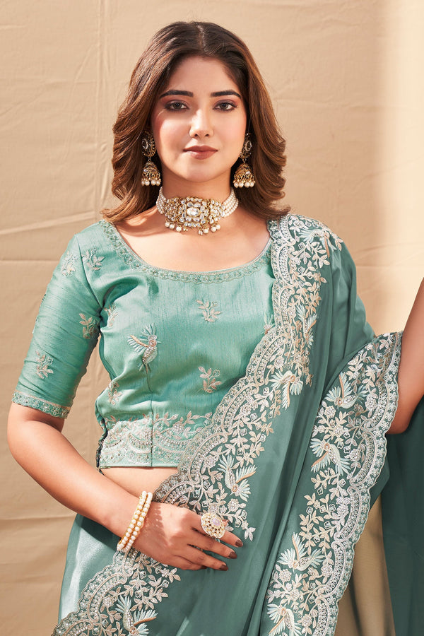 Green Embroidered Georgette Silk Saree