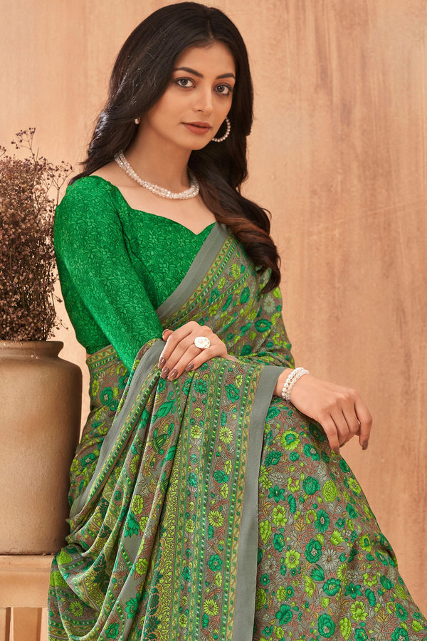 Green Printed Crepe Saree