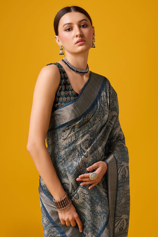 Grey Printed Cotton Silk Saree