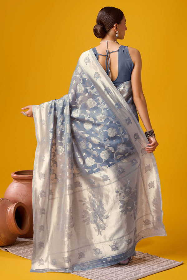 Grey Printed Cotton Silk Saree