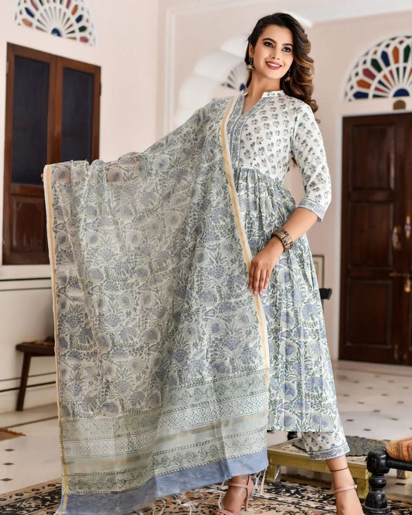 Ethnic Set Women Printed A-Line Kurta and Pant Set With Dupatta