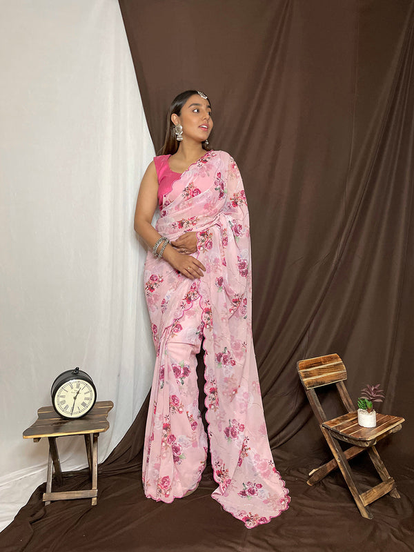 Baby Pink Organza Saree With Blouse Piece