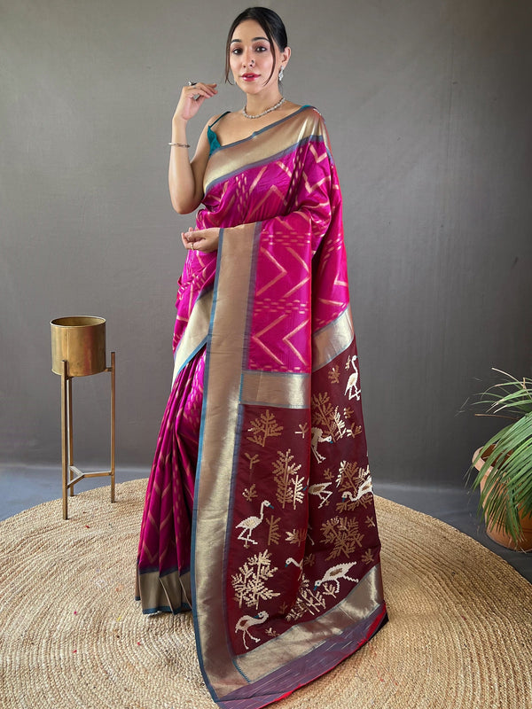 Astonishing Rani Pink Zari Weaving Silk Event Wear Saree With Blouse