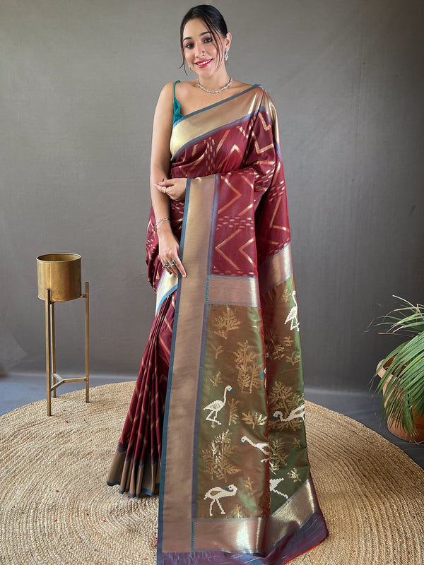 Beautiful Maroon Zari Weaving Silk Traditional Saree With Blouse