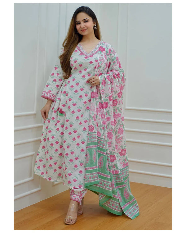 Ethnic Set Women Block Printed A-Line Kurta and Pant Set with Dupatta