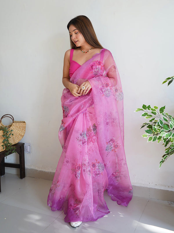 Baby Pink Organza Saree With Blouse Piece