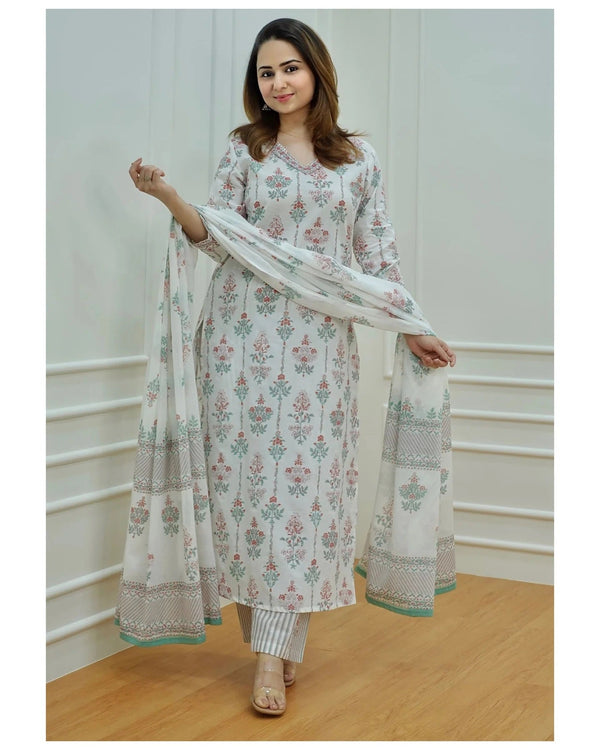 Ethnic Set  Women Block Printed Kurta and Pant Set With Dupatta