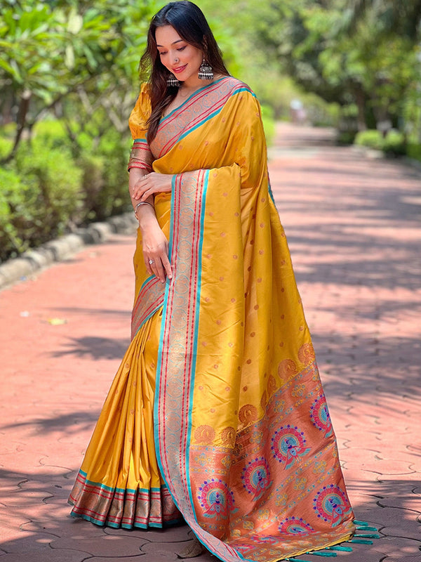 Yellow Paithani Silk Saree With Blouse Piece