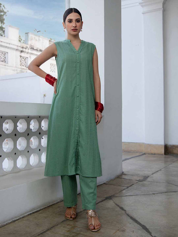 Sage Cotton Jacquard Self Design Straight Co-ord set