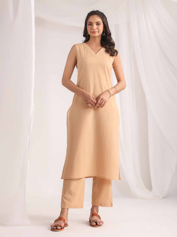 Beige Cotton Self Design Regular Co-ord Set