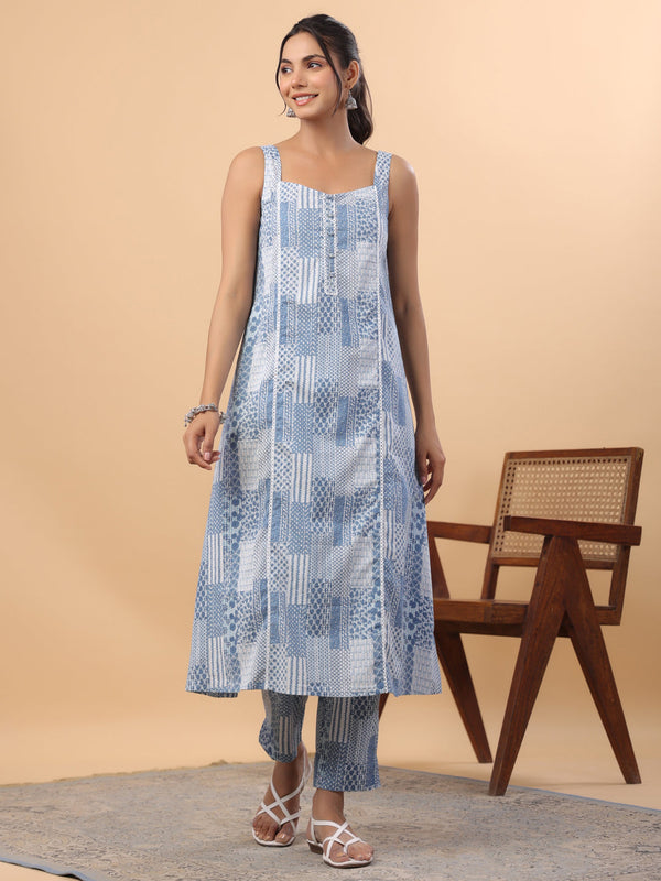 Blue Cotton Ethnic Motifs A-Line Kurta Set