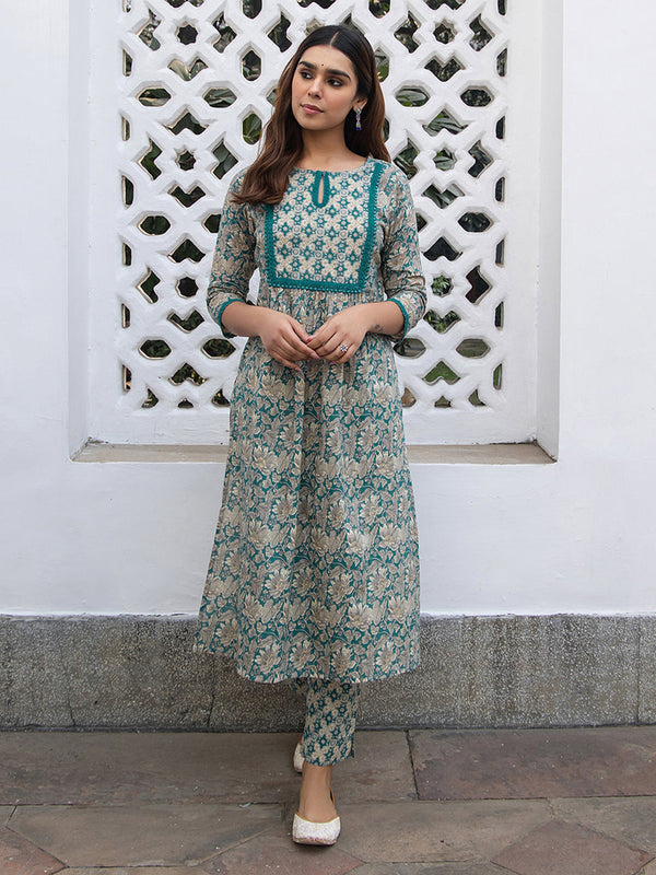 Teal Cotton Floral Straight Kurta Pant Set