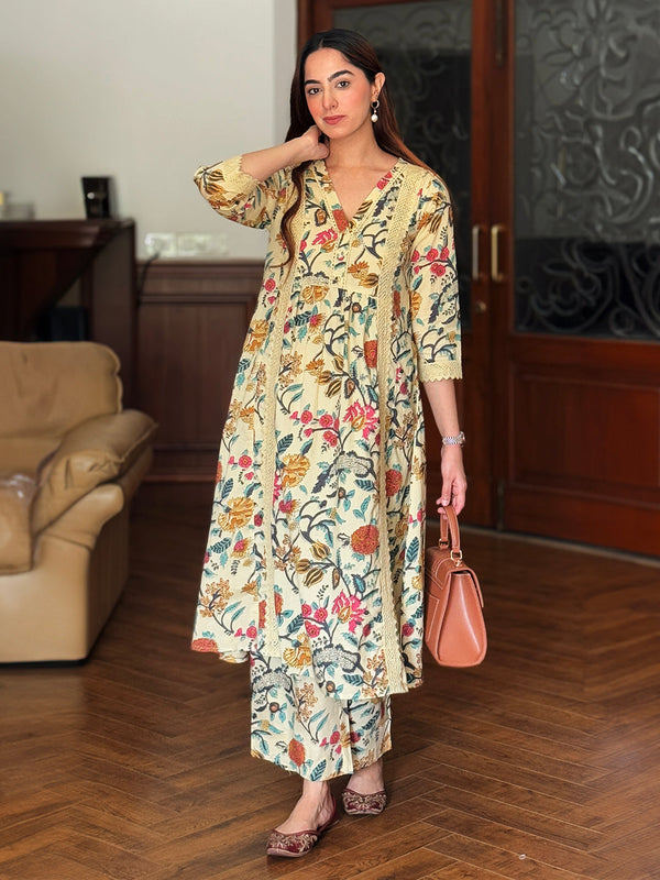 Beige Cotton Floral Kurta Pant Set