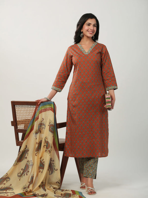 Brown Cotton Floral Straight Kurta Pant Set