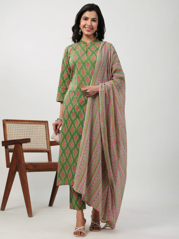 Green Cotton Ethnic Motif Kurta Set