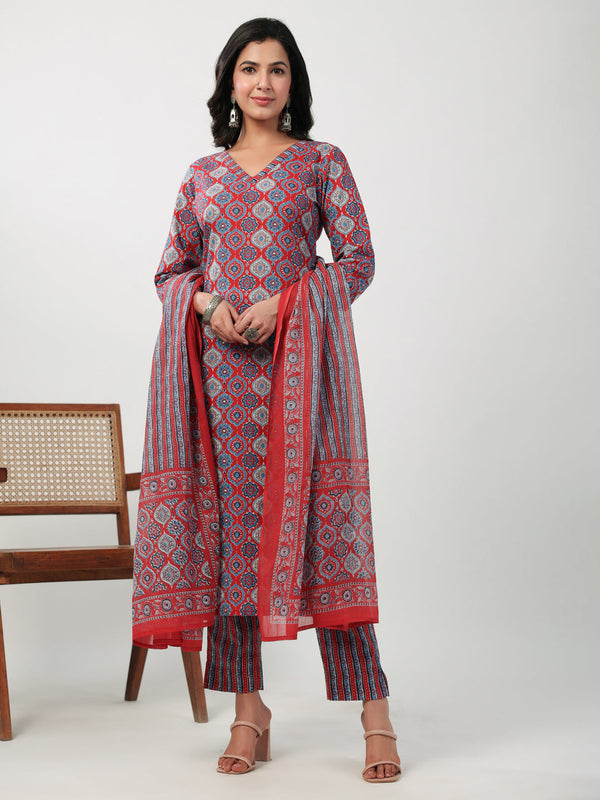 Red Cotton Ethnic Motifs Straight Kurta Set