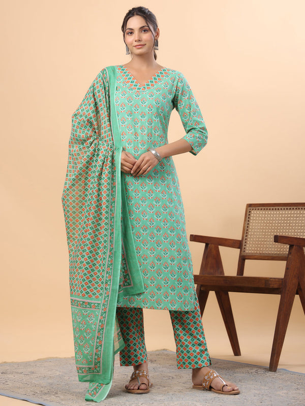 Green Cotton Ethnic Floral Motif Kurta Set