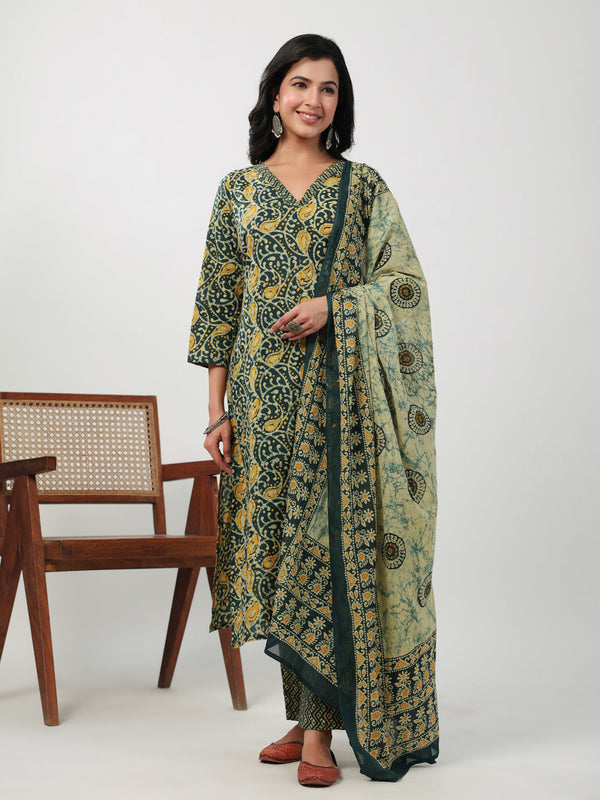 Green Cotton Batik Straight Kurta Set