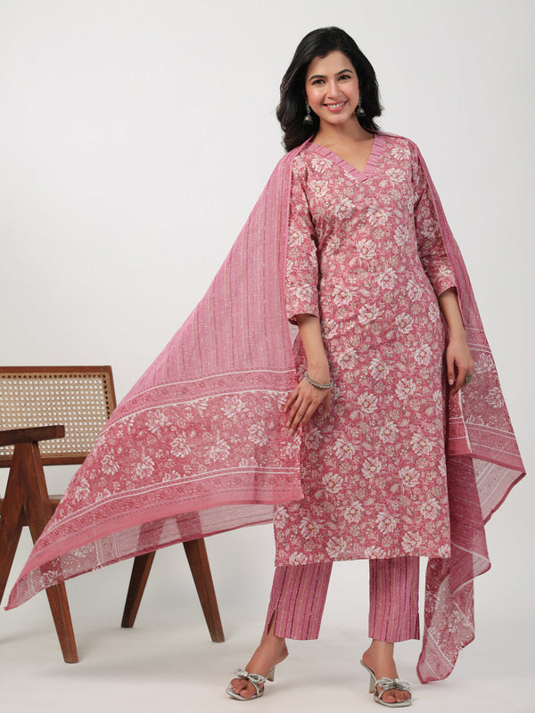 Pink Cotton Floral Straight Kurta Set