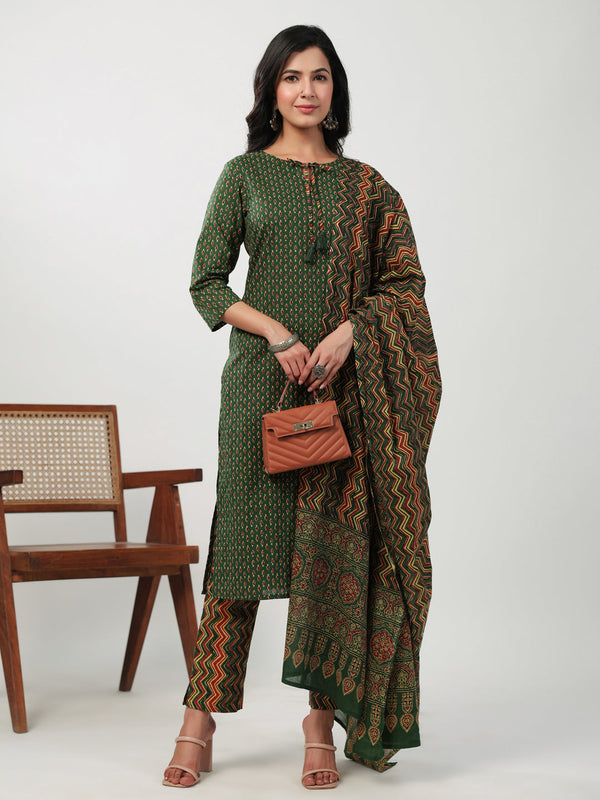 Green Cotton Ethnic Motif Kurta Set